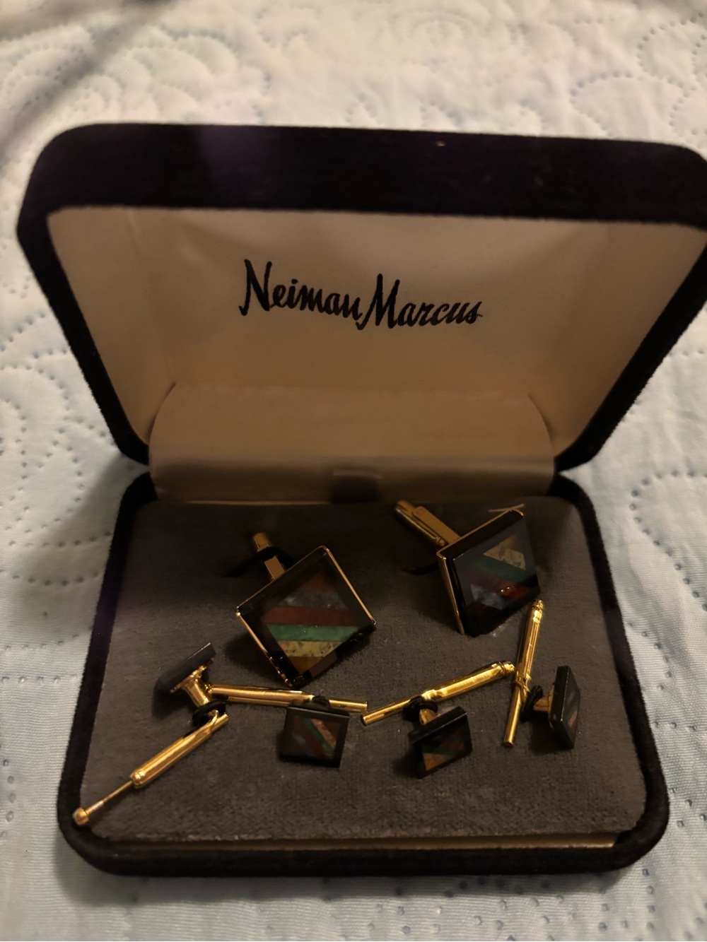 Hayward Cuff Links and Studs 14k Gold w Inlaid Stones from Neiman Marcus